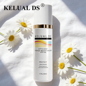 KELUAL DS lifestyle image outdoors showing dewy, protected complexion benefit