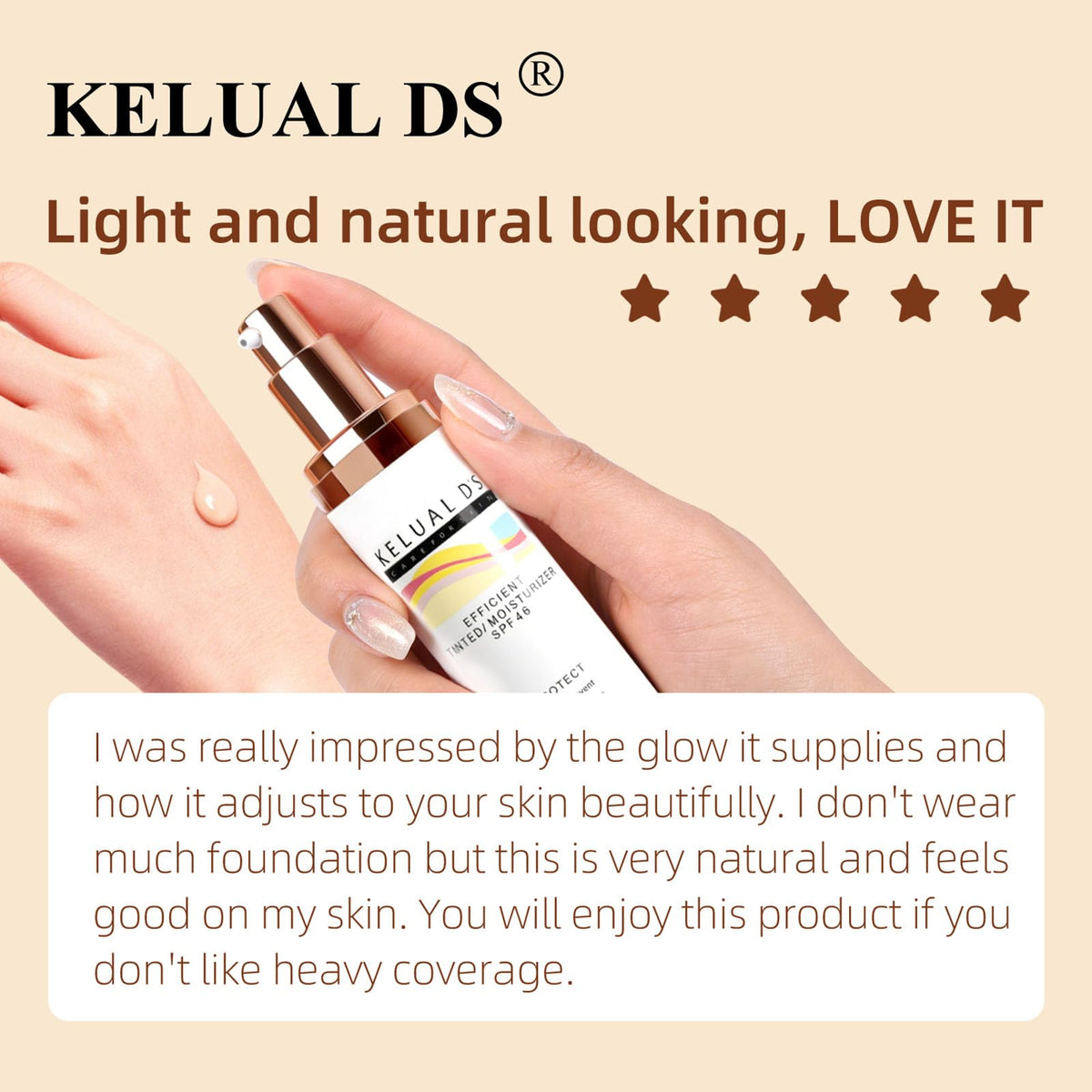 KELUAL DS label close-up emphasizing SPF 46 broad-spectrum sun protection benefit