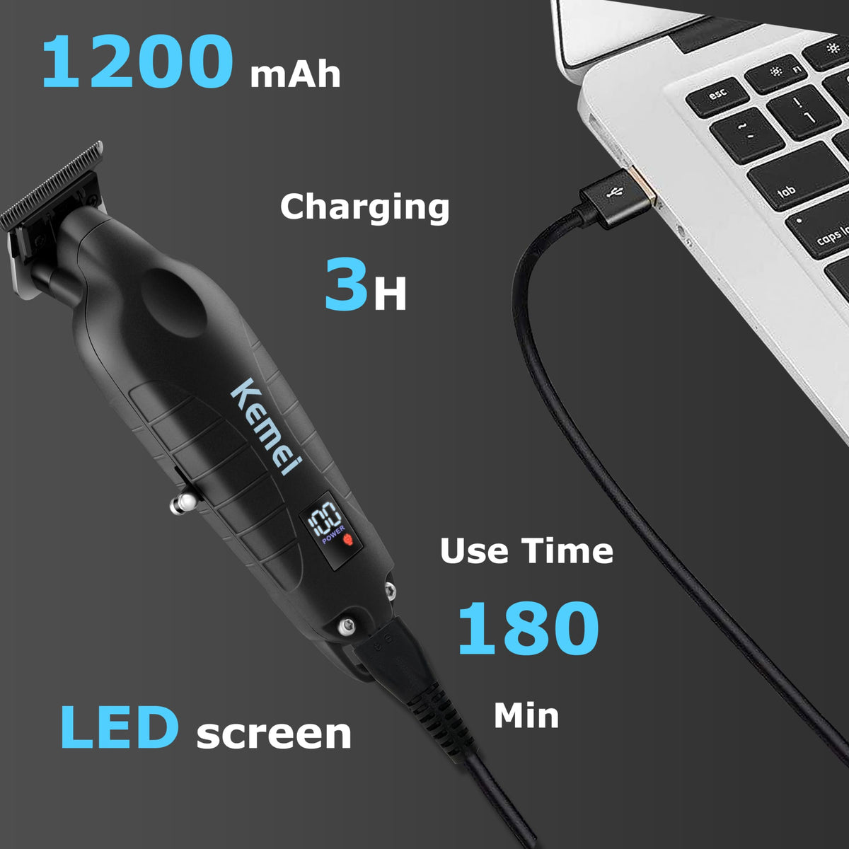 KEMEI kit laid out with combs oil brush and USB cable for immediate use