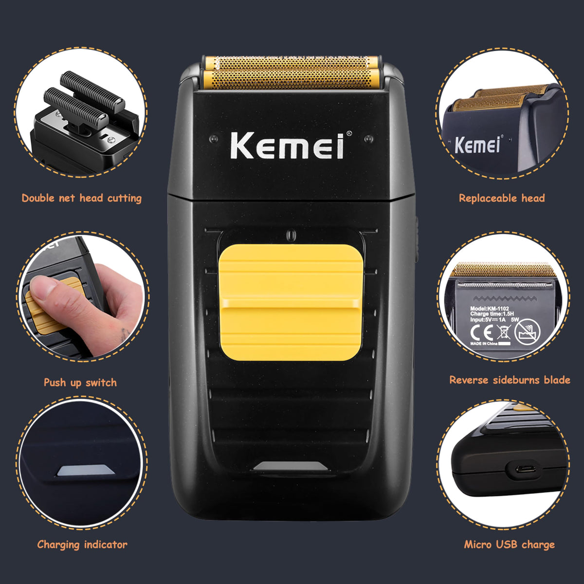 KEMEI foil shaver heads and replacement nets showing smooth close shave