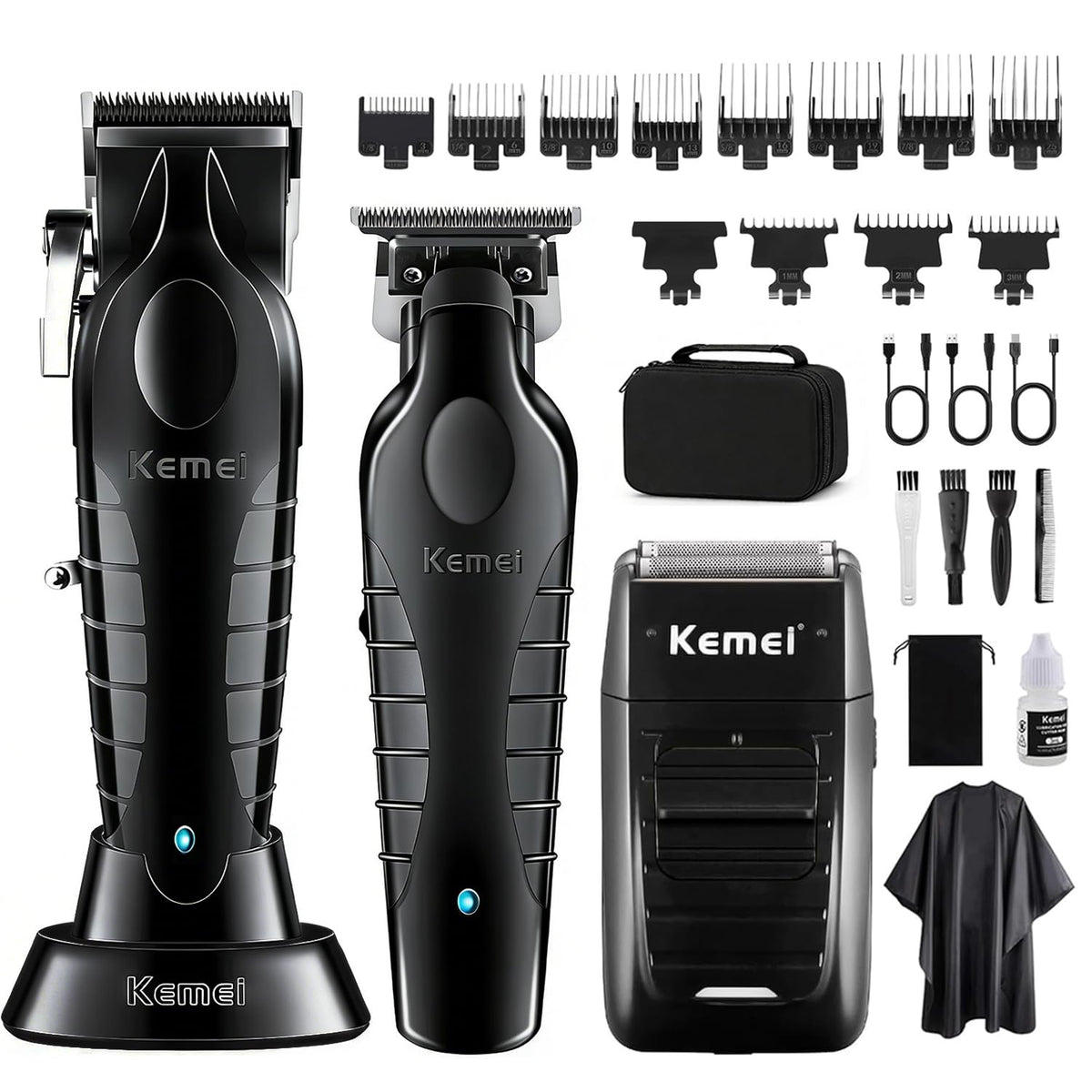 KEMEI front view of clipper, trimmer and shaver showcasing complete kit benefits