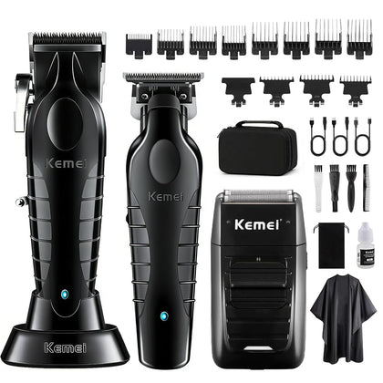 KEMEI front view of clipper, trimmer and shaver showcasing complete kit benefits