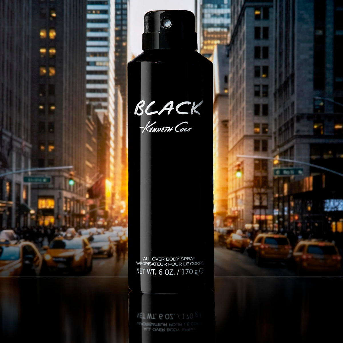 Kenneth Cole Black applied to neck in city setting, provides long-lasting confidence
