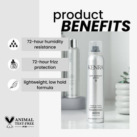 Kenra travel size 1.7 oz bottle in hand for on-the-go humidity protection