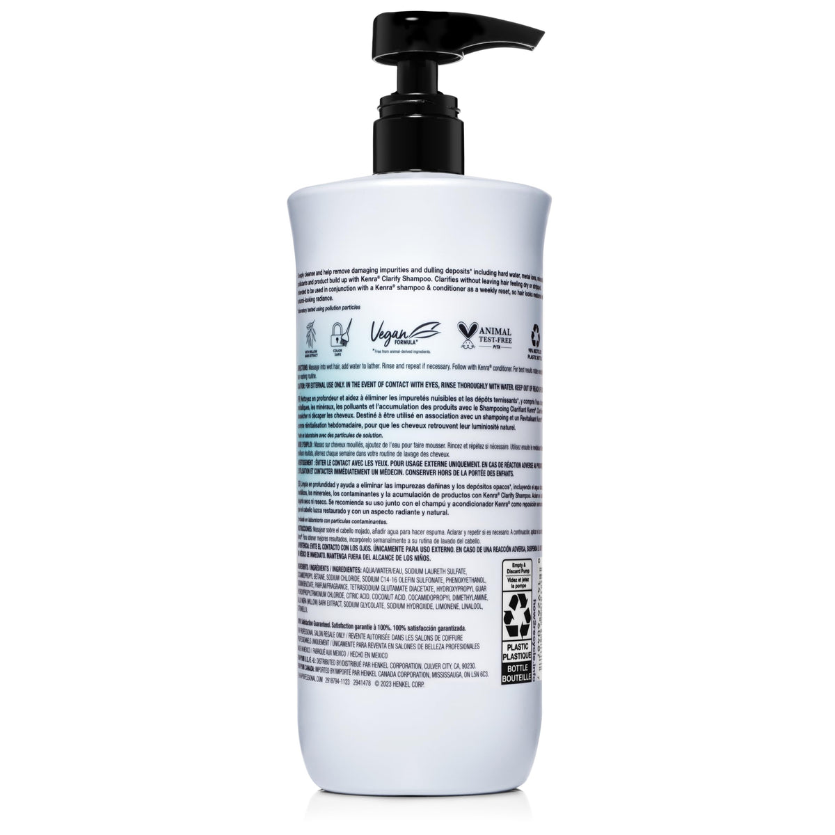 Kenra Clarify Shampoo next to ruler showing 33.8 fl. oz. scale for true size reference