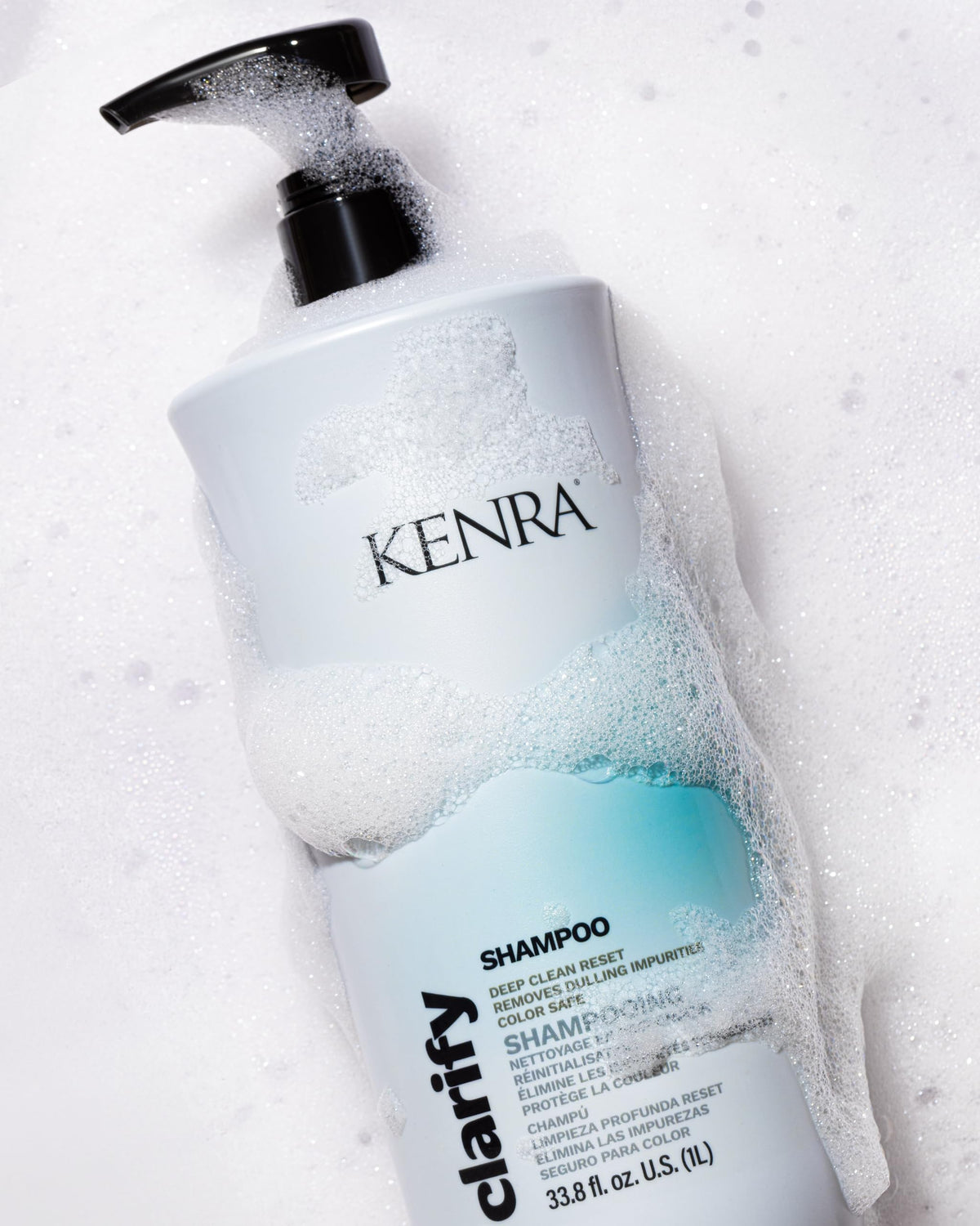 Kenra Clarify Shampoo in-shower application showing product cleansing action and rinseability