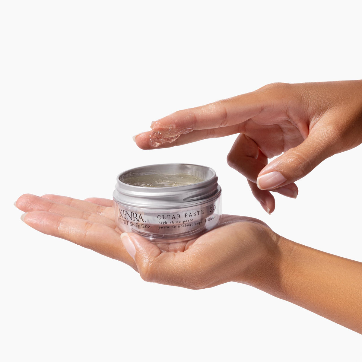 Kenra clear paste 20 label closeup highlighting product details and clear finish benefit