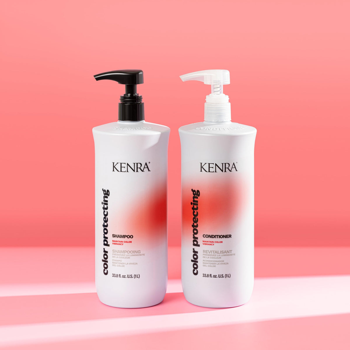 Kenra conditioner displayed with shampoo highlighting system use to maintain vibrancy