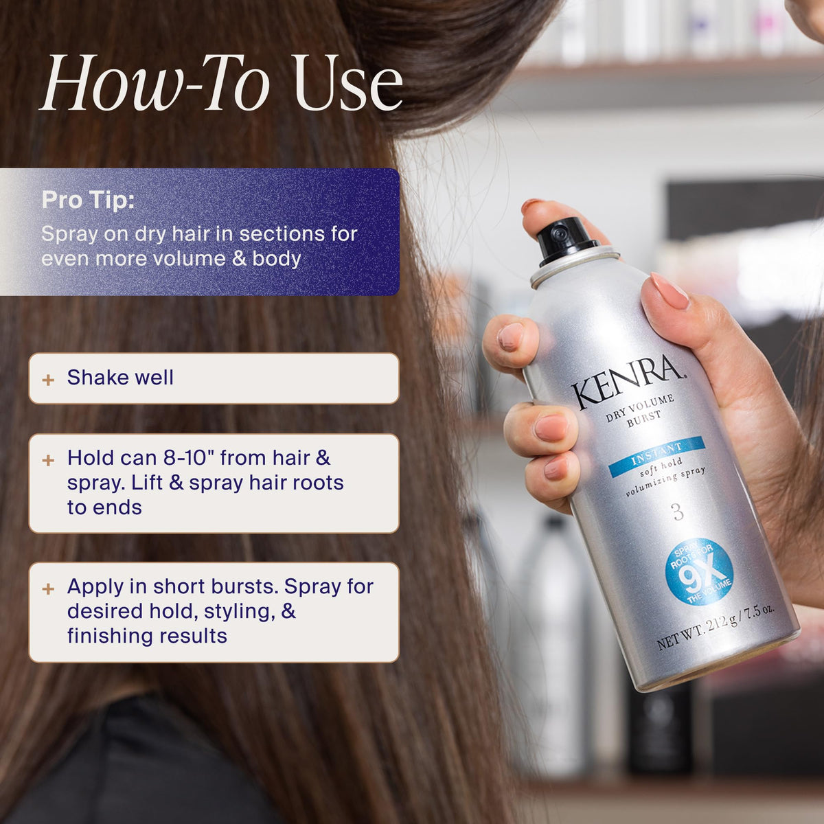 Kenra spray applied at roots demonstrating immediate lift and fuller hair