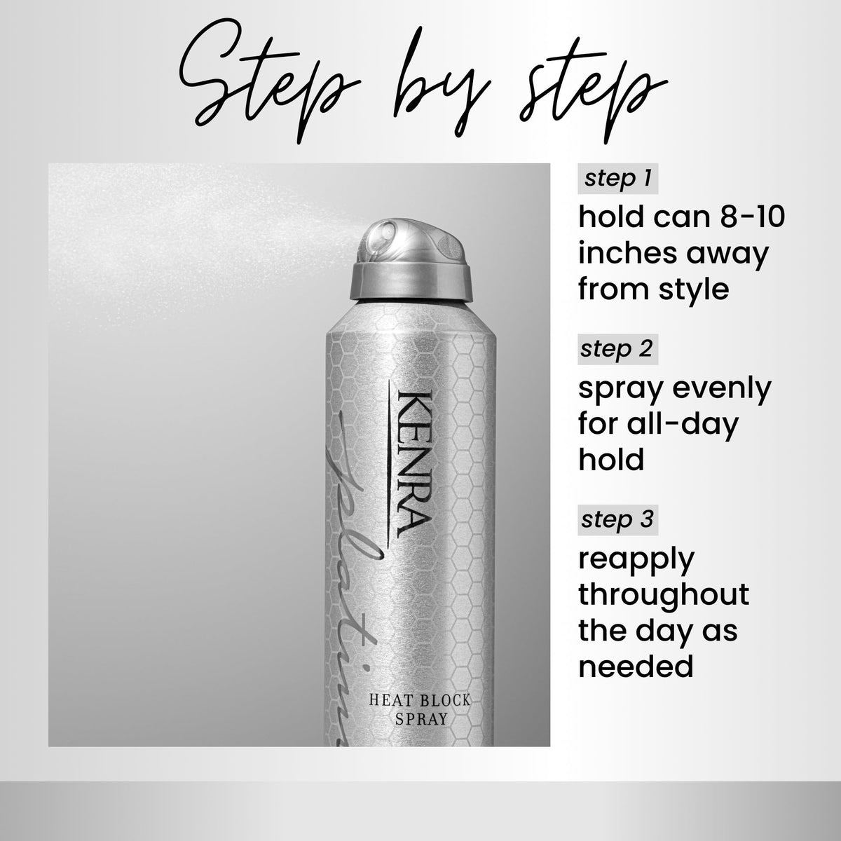 Kenra spray in use on styled hair showing heat protection and clean release