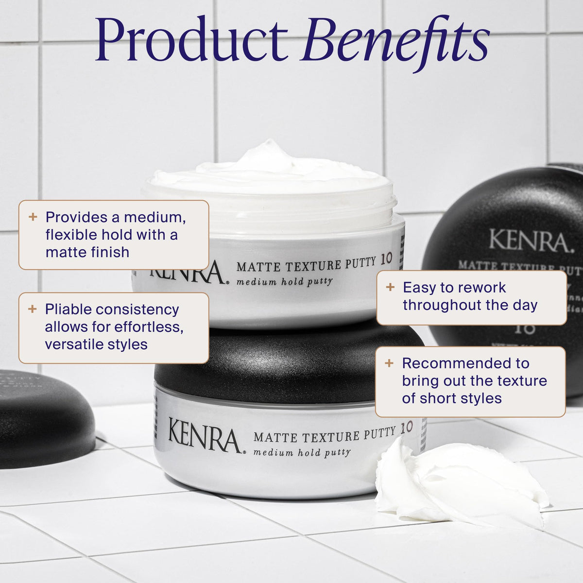 Kenra matte texture putty open jar close-up showing creamy texture and easy workability benefit