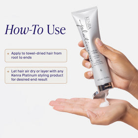 Kenra Platinum Air Dry Crème applied to damp hair in hand for faster drying