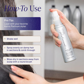 Kenra being applied to damp hair during blow-dry for heat protection and smoothness