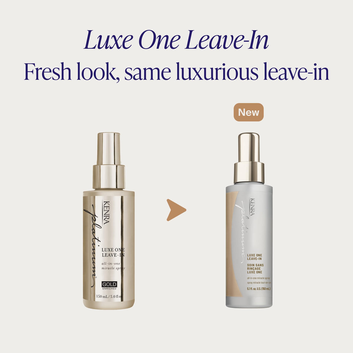 Kenra Platinum Luxe One hair before and after demonstrating visible shine and reduced frizz after use