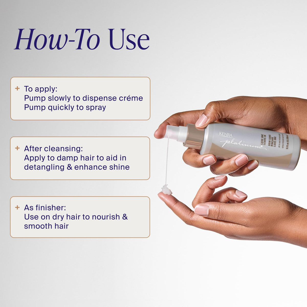 Kenra Platinum Luxe One texture on palm highlighting lightweight formula that detangles and smooths hair