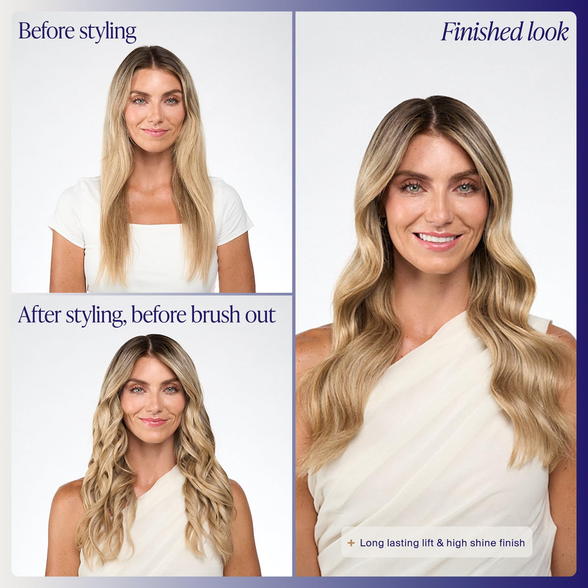 Kenra platinum spray on styled hair demonstrating lasting lift and shine benefit