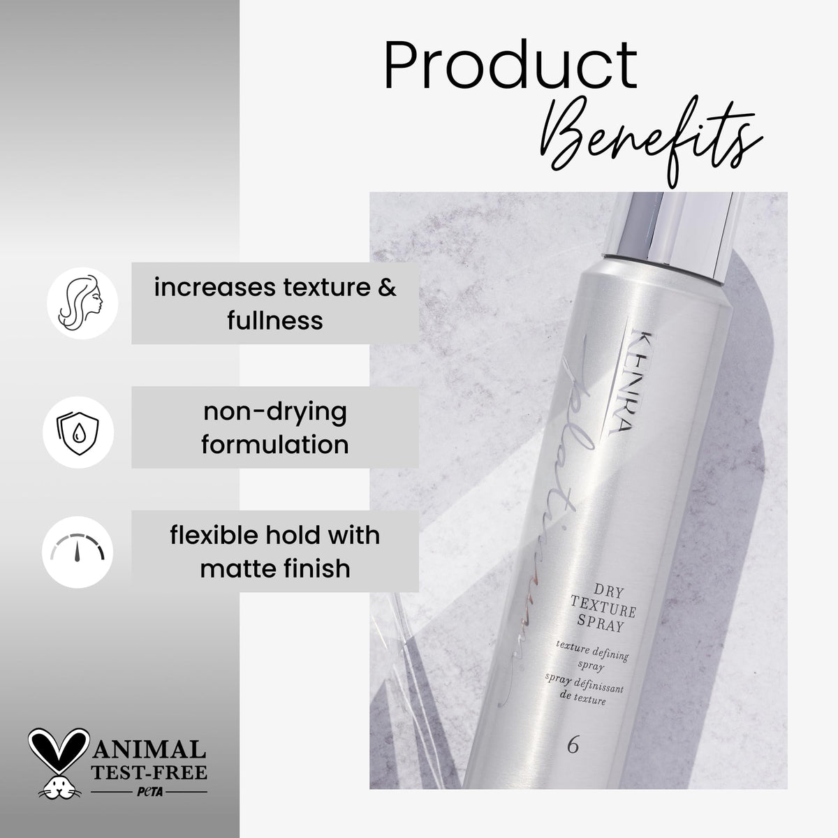 Kenra label close-up highlighting texture spray formula benefits