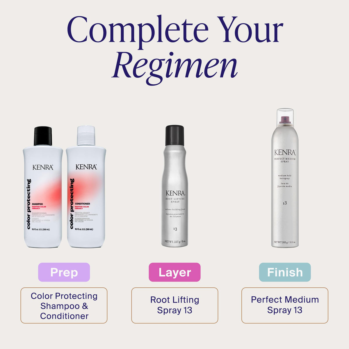 Kenra bottle beside hairbrush in lifestyle scene for on-the-go styling advantage