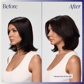 Before and after root lift using Kenra spray showing noticeable volume enhancement