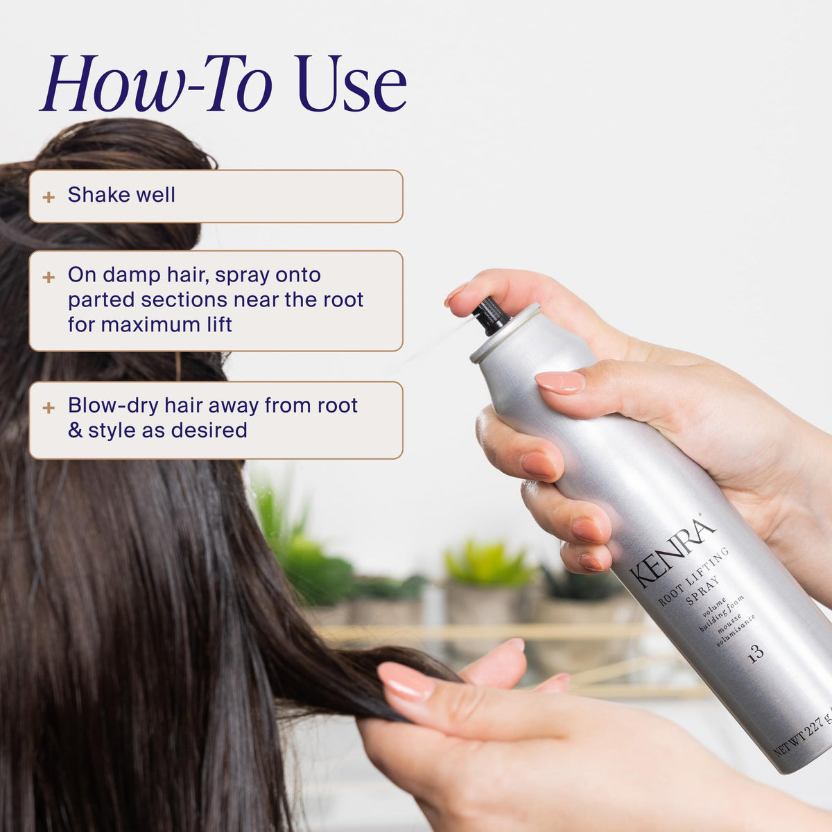 Stylist blow-drying hair after applying Kenra spray to build salon-style lift