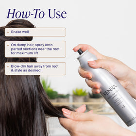 Stylist blow-drying hair after applying Kenra spray to build salon-style lift
