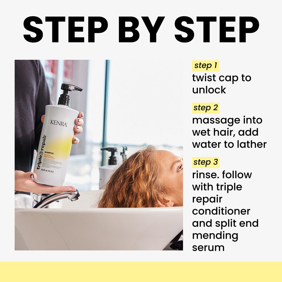 Kenra shampoo pouring into hand to show consistency and ease