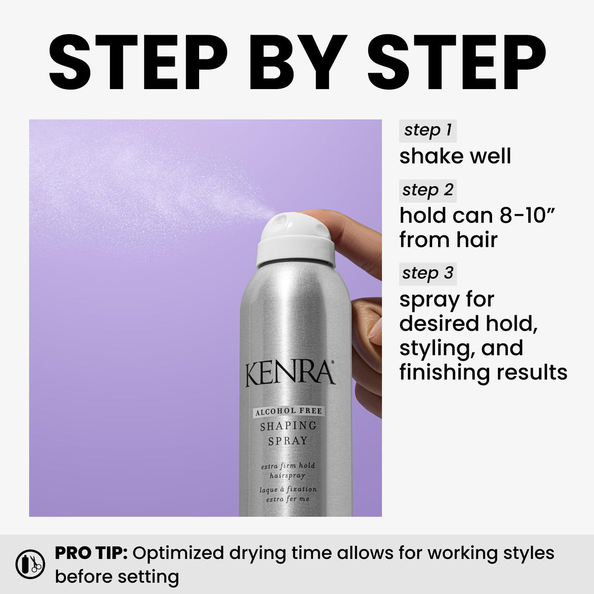 Kenra shaping spray 21 held in hand to show 8 ounce scale and portable size