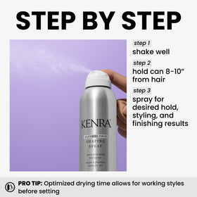 Kenra shaping spray 21 held in hand to show 8 ounce scale and portable size