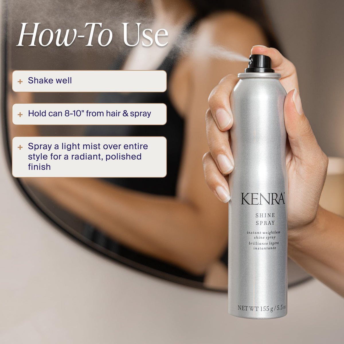 Kenra hair before and after shine spray showing smoother, glossier color