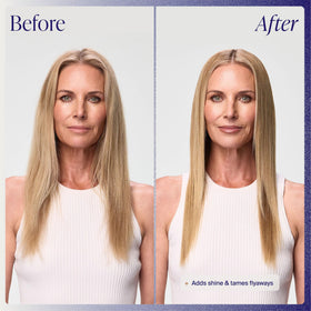 Kenra spraying over styled hair to smooth flyaways and boost gloss