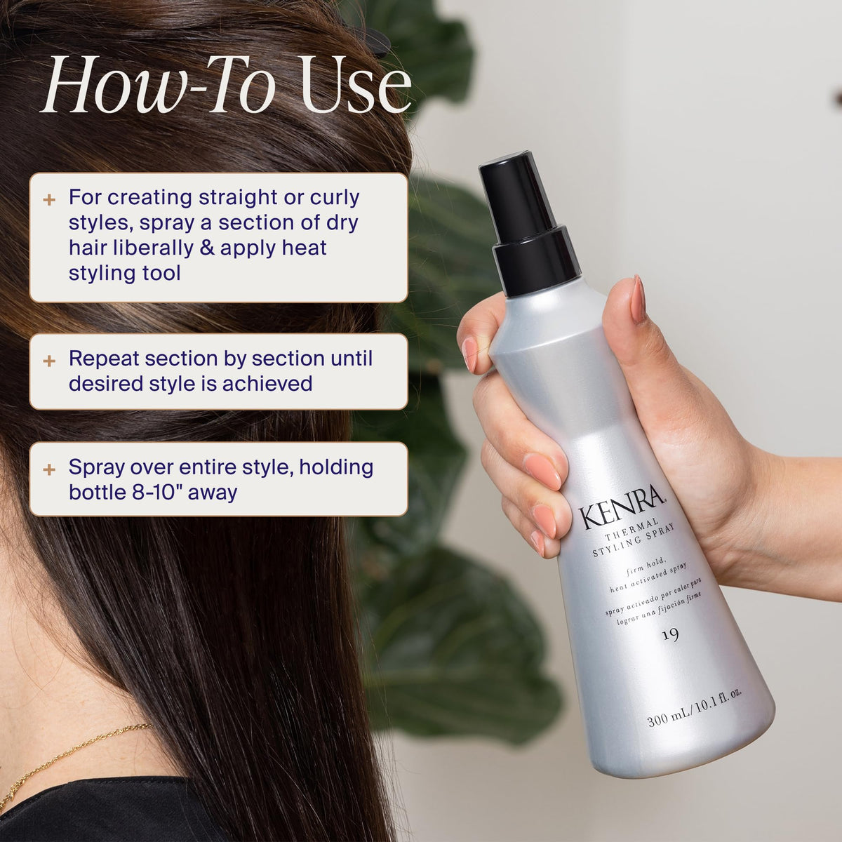 Kenra 10 fl oz bottle in hand showing true size and portability