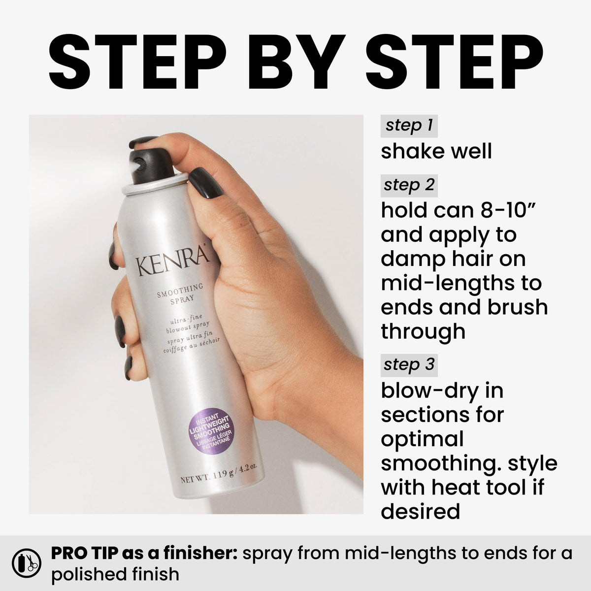 Kenra smoothing spray being applied to damp hair for heat protection and smoothness