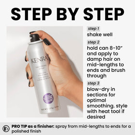 Kenra smoothing spray being applied to damp hair for heat protection and smoothness