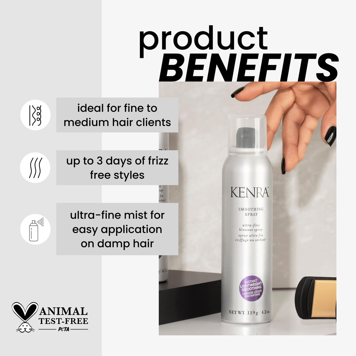 Kenra smoothing spray mist nozzle spraying ultra-fine mist for even coverage benefit