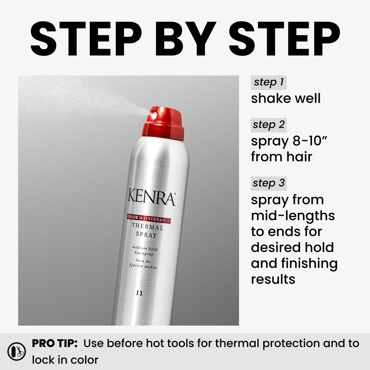 Kenra being applied to hair before flat iron to protect color during styling