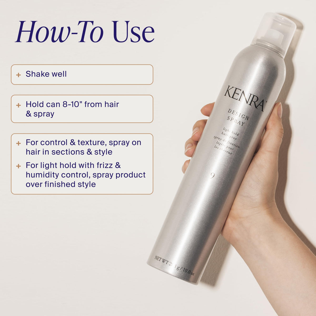 Kenra stylist spraying product to finish hairstyle with natural hold and movement