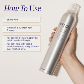 Kenra stylist spraying product to finish hairstyle with natural hold and movement