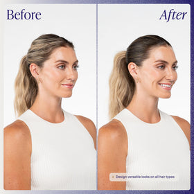Kenra applied on hair during styling showing control and added shine benefit