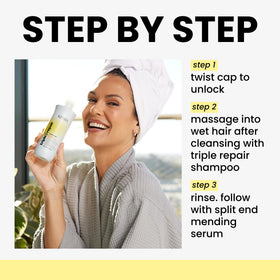 Applying Kenra Triple Repair conditioner to hair mid-lengths for improved manageability
