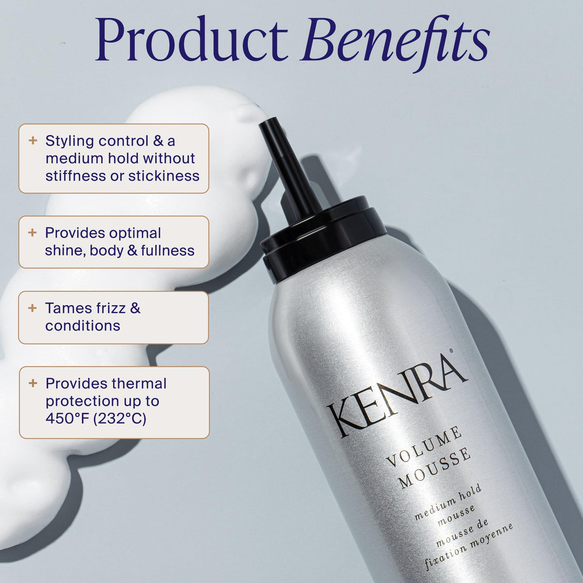 Kenra Volume Mousse 12 aerosol valve top for controlled, even dispense