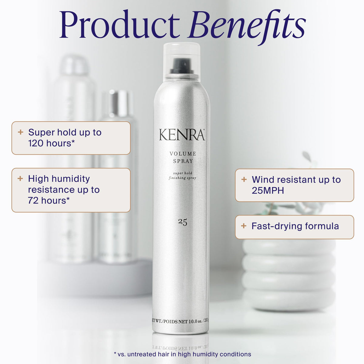 Close-up of Kenra label highlighting product name and performance benefit