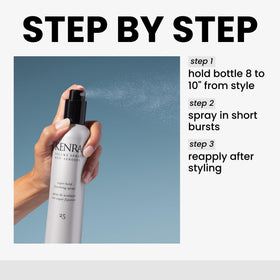 Kenra spray texture close-up showing fine mist for fast-dry, flake-free finish