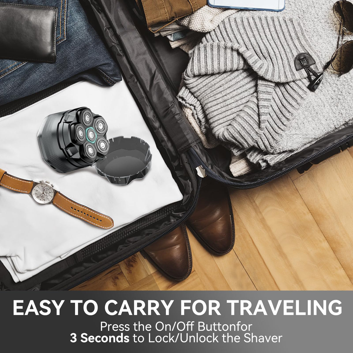 kensen shaver beside passport and toiletry bag showing travel portability