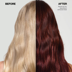KERACOLOR split before and after hair showing warmed cinnamon tone benefit