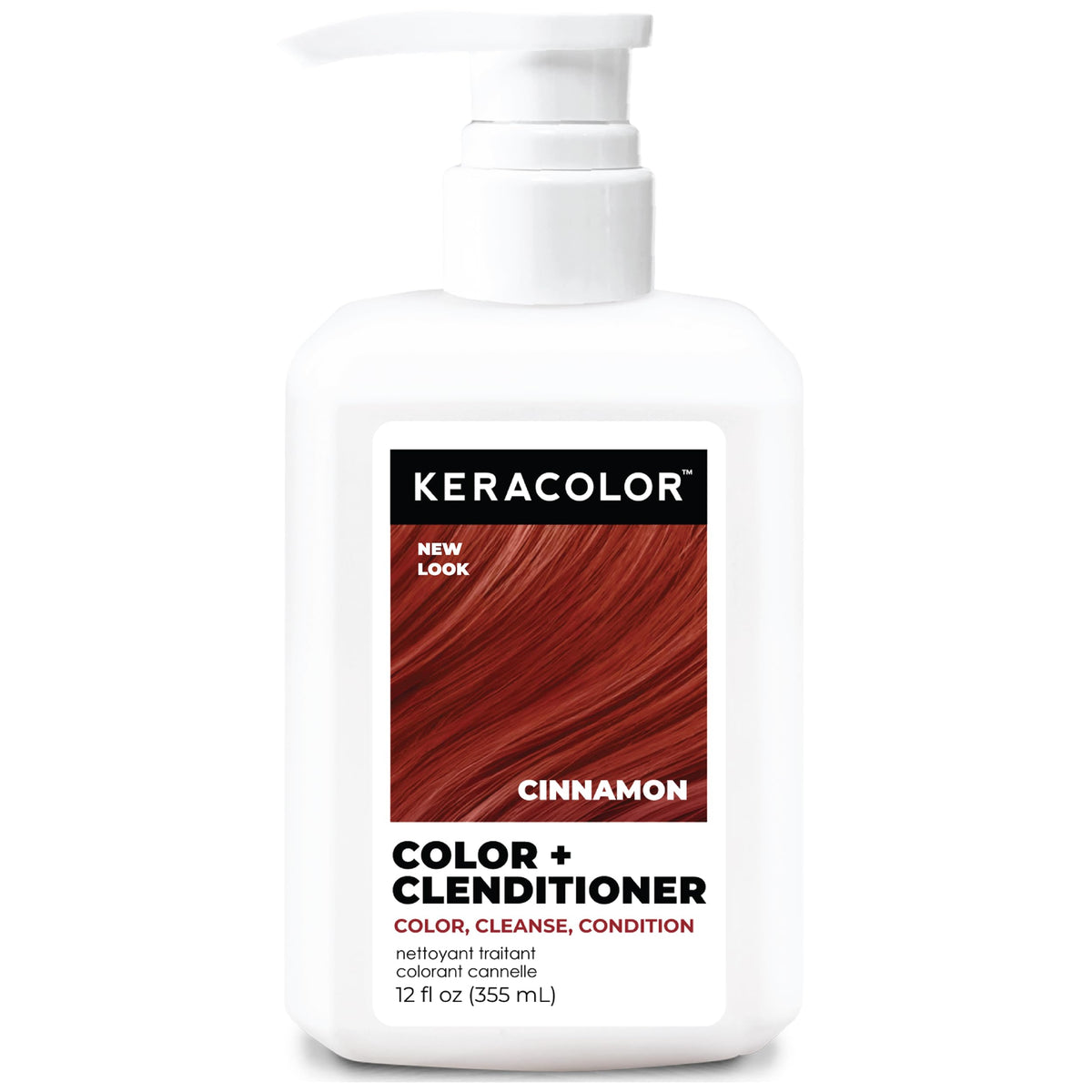 KERACOLOR bottle front view showing cinnamon shade and labeling benefit