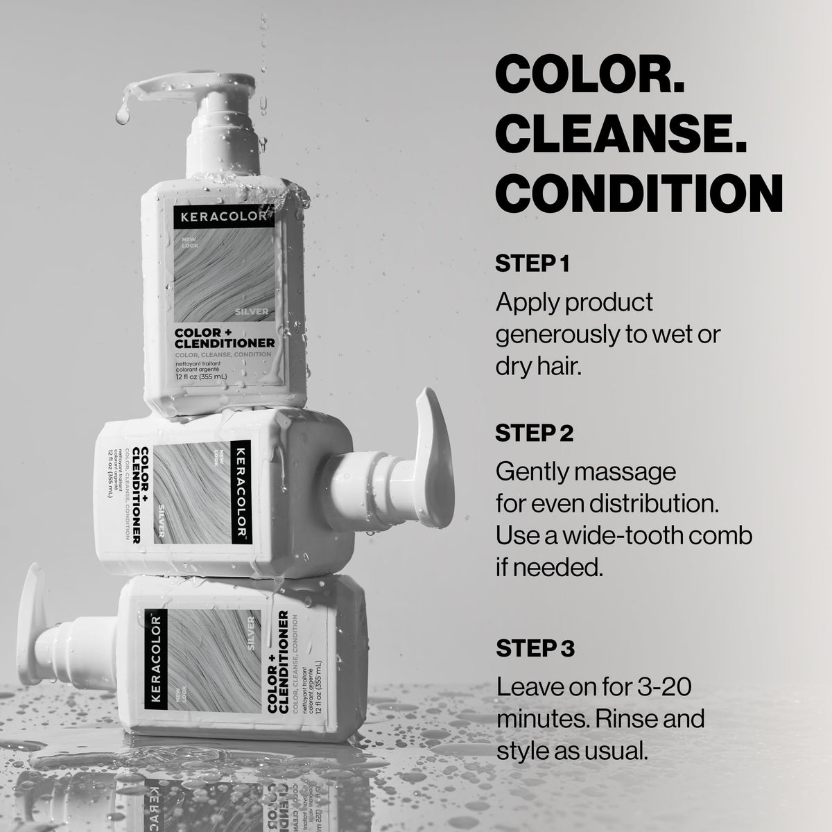 KERACOLOR bottle staged on bathroom shelf suggesting daily routine convenience