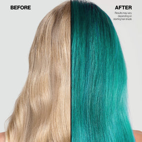 KERACOLOR before and after on bleached hair showing vibrant teal transformation