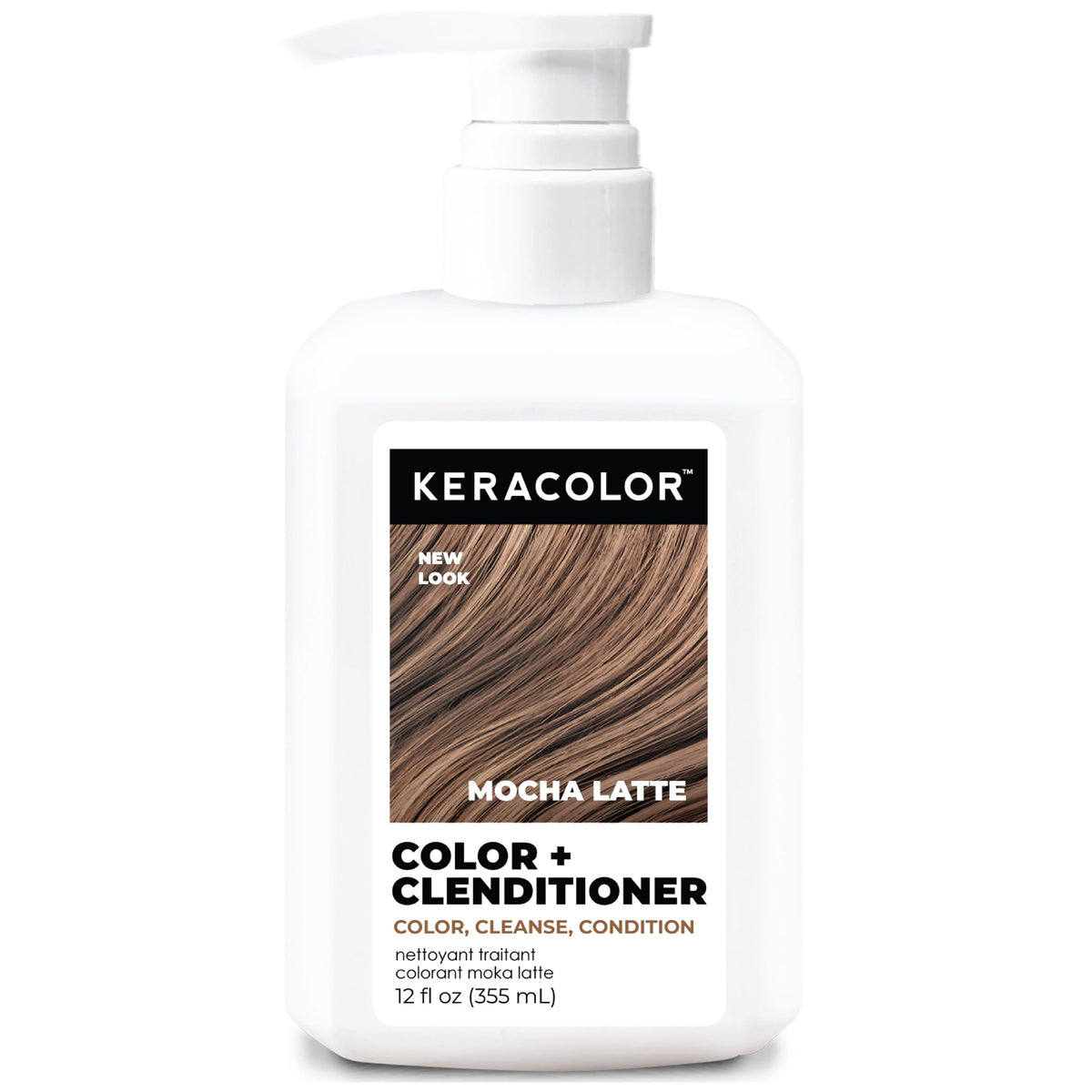 KERACOLOR front packaging showing Mocha Latte bottle and label, clear product identity benefit