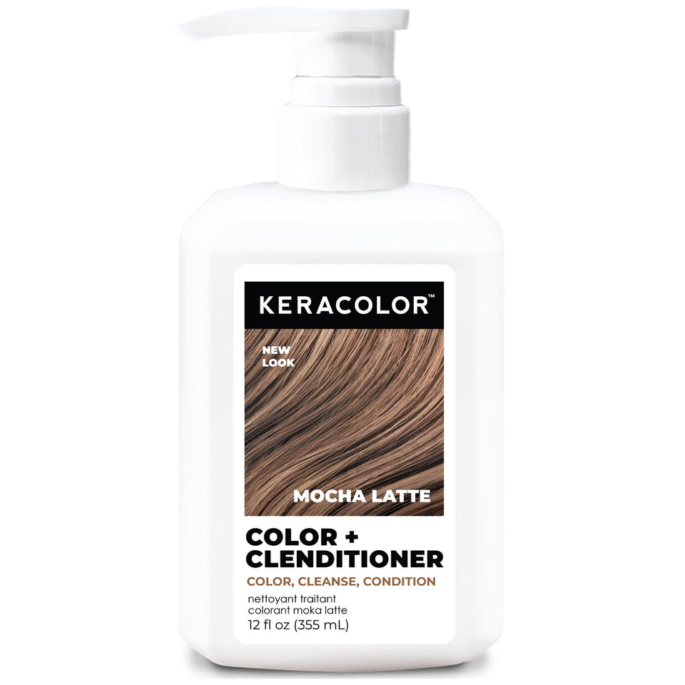 KERACOLOR front packaging showing Mocha Latte bottle and label, clear product identity benefit