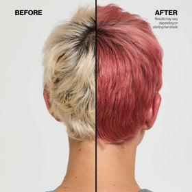 KERACOLOR before and after hair photos showing toned rose-gold result